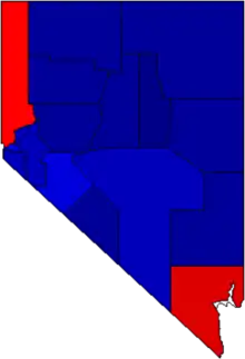 Carte des résultats de l'élection présidentielle américaine de 2016, par comté, au Nevada (Rouge: Clinton / Bleu: Trump)