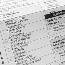 Bulletin de vote utilisé par le Wisconsin pour l'élection présidentielle américaine de 2016.