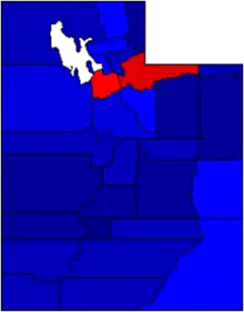 Carte des résultats de l'élection présidentielle américaine de 2016, par comté, en Utah (Rouge: Clinton / Bleu: Trump)