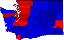 Carte des résultats de l'élection présidentielle américaine de 2016, par comté, Au Washington (Rouge: Clinton / Bleu: Trump)