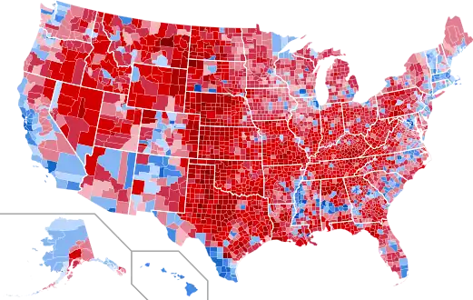 Résultats par comté (Trump en rouge et Clinton en bleu).