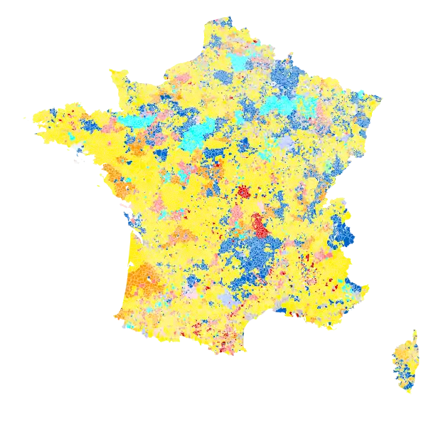 Nuance politique des candidats arrivés en tête dans chaque commune au 1er tour en France métropolitaine.