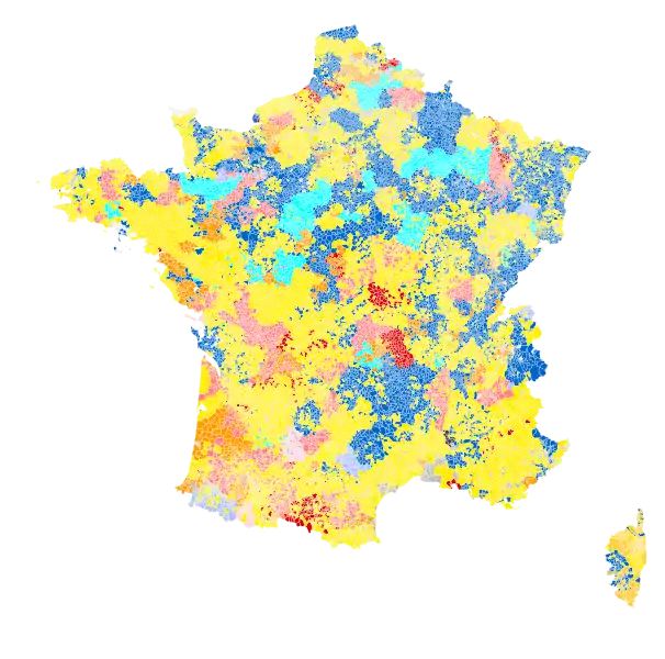 Nuance politique des candidats arrivés en tête dans chaque commune au dernier tour (premier ou second selon les circonscriptions) en France métropolitaine.