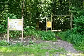 Panneau explicatif en bois à l'entrée d'un sentier forestier.