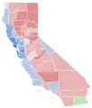 Vainqueur par comté : Newsom en bleu, Cox en rouge et Villaraigosa en vert.