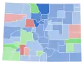 Vainqueur démocrate par comté : Polis en bleu, Kennedy en vert et Johnston en rouge.