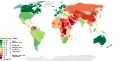L'Indice de démocratie de l'Economist Intelligence Unit publié en décembre 2019, plus le pays est vert, plus il est considéré démocratique, la Norvège étant le pays le plus démocratique à 9,93), tandis que (la Corée du Nord étant le moins démocratique à 1,08).