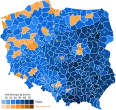 Élection présidentielle polonaise 2020: 1er tour, PiS (en bleu), KO (en orange).