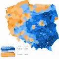 Deuxième tour de l'élection présidentielle polonaise de 2020, PiS (en bleu), KO (en orange).