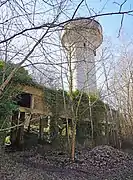 Un grand château d'eau en béton émerge d'un bâtiment industriel en ruine composé de brique et de béton, en forêt.