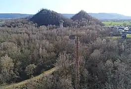 Vue aérienne d'une forêt parsemé de ruines industrielles et bordée par deux grand terrils coniques.