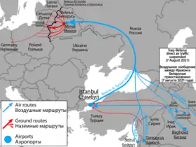 Principaux itinéraires des migrants illégaux vers la Biélorussie et la frontière avec l'Union européenne.
