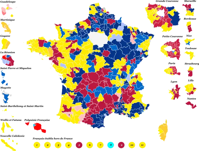 Nuance politique des candidats arrivés en tête dans chaque circonscription au 1er tour.