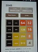 Simulation du score maximum théorique au 2048 4x4. Pour pouvoir continuer, la dernière tuile qui est apparue, le « 4 », aurait dû être un « 8 », ce qui est impossible.