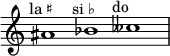 
    \relative c'' {
      \time 3/1
      \override Staff.TimeSignature #'stencil = ##f
      ais1^\markup { \center-align "la ♯" }
      bes^\markup { \center-align "si ♭" }
      ceses^\markup { \center-align "do 𝄫" }
    }
  