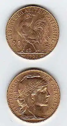 Napoléon de 20 francs Coq en or de 1907, avec Marianne à l'avers et un coq gaulois au revers.