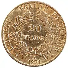 20 francs or 1851, revers.