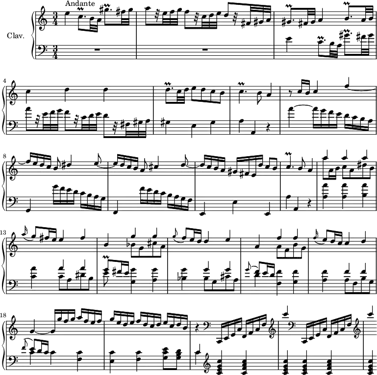 
\version "2.18.2"
\header {
  tagline = ##f
  % composer = "Domenico Scarlatti"
  % opus = "K. 217"
  % meter = "Andante"
}
%% les petites notes
trillCqp       = { \tag #'print { c8.\prall } \tag #'midi { \times 2/3 { d32 c d } c8 } }
trillGisqpUp   = { \tag #'print { gis'8.\prall } \tag #'midi { \times 2/3 { a32 gis a } gis8 } }
trillGisqp     = { \tag #'print { gis8.\prall } \tag #'midi { \times 2/3 { a32 gis a } gis8 } }
trillDqp       = { \tag #'print { d8.\prall } \tag #'midi { \times 2/3 { e32 d e } d8 } }
trillCp        = { \tag #'print { c4.\prall } \tag #'midi { \times 2/3 { d32 c d } c16~ c4 } }
trillBqp       = { \tag #'print { b8.\prall } \tag #'midi { \times 2/3 { c32 b c } b8 } }
trillGq        = { \tag #'print { g8\prall } \tag #'midi { \times 2/3 { a32 g a } g16 } }
upper = \relative c'' {
  \clef treble 
  \key a \minor
  \time 3/4
  \tempo 4 = 68
  \set Staff.midiInstrument = #"harpsichord"
  \override TupletBracket.bracket-visibility = ##f
      s8*0^\markup{Andante}
      e4  \trillCqp b32 a  \trillGisqpUp fis32 gis  a8[ r32 e32 f g]  f8[ r32 c32 d e]  d8[ r32 fis, gis a] | \trillGisqp fis32 gis a4 \trillBqp a32 b |
      % ms. 4
      c4 d d | \trillDqp c32 d e8 d c b | \trillCp b8 a4 | r8 \stemUp c16 b c4 f~ |
      % ms. 8
      f16 e d c b8 dis4 e8~ | e16 d c b a8 cis4 d8~ | d16 c b a gis fis e d' c8 b | \trillCp b8 a4 |
      % ms. 12
      << { a'4 a a } \\ { a8 a,16 b c8 a dis b } >> \appoggiatura a'16 g8 fis16 e e4 fis | b, << { g'4 g } \\ { bes,8 g cis a } >> | \appoggiatura g' f8 e16 d d4 e | a, << { f'4 f } \\ { a,8 f b g } >> |
      % ms. 17
      \appoggiatura f'16 e8 d16 c c4 d | g,4~ g16 g' f g a f e f | g e d e f d c d e c d b | r4  \repeat unfold 2 { \clef bass c,,,16 e g c f, a c f   \clef treble 
      % ms. 21
      c'''4 }
}
lower = \relative c' {
  \clef bass
  \key a \minor
  \time 3/4
  \set Staff.midiInstrument = #"harpsichord"
  \override TupletBracket.bracket-visibility = ##f
    % ************************************** \appoggiatura \repeat unfold 2 {  } \times 2/3 { }
      R2.*2 | e4 \trillCqp b32 a  \trillGisqpUp fis32 gis a8[ r32 e32 f g]  f8[ r32 c32 d e]  d8[ r32 fis, gis a] | gis4 e gis | a a, r4 | a''4~ a16 g f e d c  b a |
      % ms. 8
      g,4  g''16 f e d c b a g | f,4 f''16 e d c b a g f | e,4 e' e, | a' a, r4 |
      % ms. 12
      < a' a' >4 q < b a' > | < c a' > << { a'4 a \trillGq fis16 e } \\ { c8 a dis b e } >> | < g, g' >4 < a g' > | < bes g' > << { g' g \appoggiatura g8 f8 e16 d } \\ { bes8 g cis a | d4  } >> < f, f' >4 < g f' > |
      % ms. 17
      < a f' >4 << { f'4 f \appoggiatura f8 e8 d16 c } \\ { a8 f b g | c4 c } >> < f, c' >4 | < e c' > < f c' > < g c e >8 < g b d > | << { c4 } \\ { c4 } >> |   \clef treble  < c e g c >4 < c f a c > |
      % ms. 21
      < c e g c >4 q  < c f a c > | < c e g c >
}
thePianoStaff = \new PianoStaff <<
    \set PianoStaff.instrumentName = #"Clav."
    \new Staff = "upper" \upper
    \new Staff = "lower" \lower
  >>
\score {
  \keepWithTag #'print \thePianoStaff
  \layout {
      #(layout-set-staff-size 17)
    \context {
      \Score
     \override SpacingSpanner.common-shortest-duration = #(ly:make-moment 1/2)
      \remove "Metronome_mark_engraver"
    }
  }
}
\score {
  \keepWithTag #'midi \thePianoStaff
  \midi { }
}
