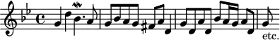 
\version "2.14.2"
\header { 
  tagline = ##f
}
\score {
  \new Staff \with {
    % \remove "Time_signature_engraver"
    % instrumentName = #"BWV 578 "
  }
  \relative c'' {
    \key g \minor
    \time 4/4
    \tempo 4 = 82
    %\autoBeamOff
    \clef treble
    \override Rest #'style = #'classical
   % BWV 578
   g4 d' bes4.\mordent a8 | g8 bes a g | fis a d,4 | g8 d a' d, bes' a16 g a8 d, | g-"etc." % d16 g a8 d,16 a' bes8 a16 g a |
  }
  \layout {
      #(layout-set-staff-size 17)
    \context {
      \Score
      \remove "Metronome_mark_engraver"
      \override SpacingSpanner.common-shortest-duration = #(ly:make-moment 1/2)
    }
  }
  \midi {    \set Staff.midiInstrument = #"harpsichord"}
}
