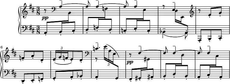 
\version "2.18.2"
\header {
  tagline = ##f
}
upper = \relative c' {
  \clef treble 
  \key b \minor
  \time 3/8
  \tempo 4. = 72
   %%Falla — Siete canciones, n° 1
   \stemUp r8\pp \clef bass \repeat unfold 2 { a4^-^~ a8 } a4^- << { r8 e4^- ) } \\ { s8 d16 e, \stemUp \change Staff = "lower" a8 } >>
   \change Staff = "upper" \clef treble r8 e''8-.^\( g-. f-. a-. d,-. \times 2/3 { e16--( g f } e8-.) d-. 
   \clef bass << { c4.--\) } \\ { r8 \times 2/3 { e16^( a, e } \stemUp \change Staff = "lower" g,8)( } >>
   \change Staff = "upper" r8\pp \repeat unfold 2 { fis'4^-^~ fis8 } fis4^-
}
lower = \relative c {
  \clef bass
  \key b \minor
  \time 3/8
   a8-. b16-. \change Staff = "upper" b \change Staff = "lower" cis8-.
   d8-. f16-. \change Staff = "upper" f \change Staff = "lower" d8-.
   c8-. e16-. \change Staff = "upper" e \change Staff = "lower" c8-. 
   \stemDown bes4--_( a8-.)
   \stemUp a,8-. b-. cis-. | d-. e-. f-. | g-. a-. bes-. a4-. s8
   fis8-.) gis16-. \stemDown \change Staff = "upper" gis \stemUp \change Staff = "lower" ais8-.
   b8-. d16-. \stemDown \change Staff = "upper" d \stemUp \change Staff = "lower" b8-.
   a8-. cis16-. \stemDown \change Staff = "upper" cis \stemUp \change Staff = "lower" a8-. 
}
  \header {
    piece = ""
  }
\score {
  \new PianoStaff <<
    \new Staff = "upper" \upper
    \new Staff = "lower" \lower
  >>
  \layout {
    \context {
      \Score
      \remove "Metronome_mark_engraver"
      \override TupletBracket.bracket-visibility = ##f
    }
  }
  \midi { }
}
