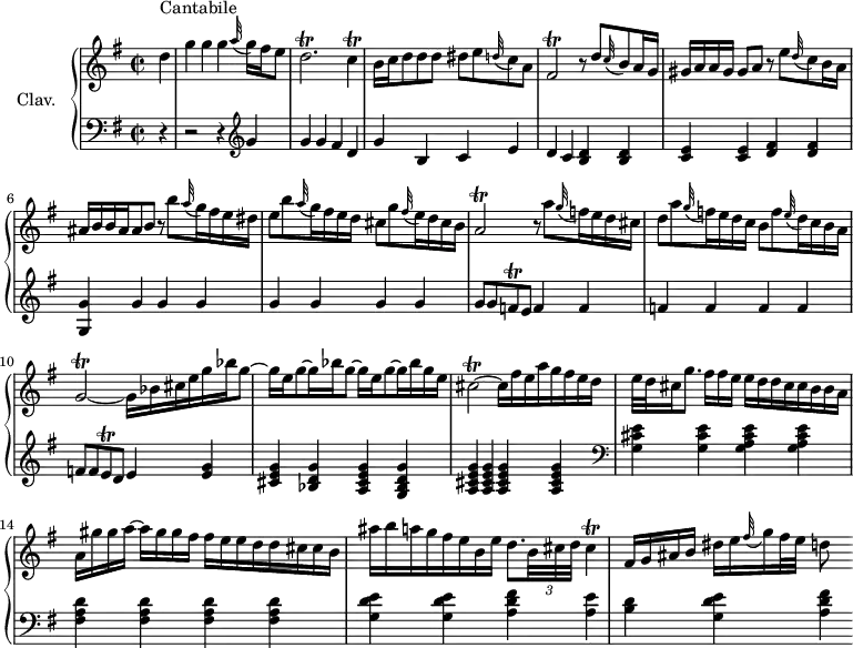 
\version "2.18.2"
\header {
  tagline = ##f
  % composer = "Domenico Scarlatti"
  % opus = "K. 144"
  % meter = "Cantabile"
}
%% les petites notes
trillAb       = { \tag #'print { a2\trill } \tag #'midi { b32 a b a~ a8~ a4 } }
trillDbp      = { \tag #'print { d2.\trill } \tag #'midi { e32 d e d~ d8~ d2 } }
trillC        = { \tag #'print { c4\trill } \tag #'midi { d32 c d c~ c8 } }
trillFisb     = { \tag #'print { fis2\trill } \tag #'midi { g32 fis g fis~ fis8~ fis4 } }
trillFq       = { \tag #'print { f8\trill } \tag #'midi { g32 f g f } }
trillEq       = { \tag #'print { e8\trill } \tag #'midi { f32 e f e } }
trillGb       = { \tag #'print { g2\trill~ } \tag #'midi { a32 g a g~ g8~ g4~ } }
trillCisb     = { \tag #'print { cis2\trill~ } \tag #'midi { d32 cis d cis~ cis8~ cis4~ } }
trillCis      = { \tag #'print { cis4\trill } \tag #'midi { d32 cis d cis~ cis8 } }
trillEqp      = { \tag #'print { e8.\trill } \tag #'midi { fis32 e fis e~ e16 } }
upper = \relative c'' {
  \clef treble 
  \key g \major
  \time 2/2
  \tempo 2 = 42
  \set Staff.midiInstrument = #"harpsichord"
  \override TupletBracket.bracket-visibility = ##f
%  \repeat volta 2 {
      s8*0^\markup{Cantabile}
      \partial 4 d4 | g g g \appoggiatura a32 g16 fis e8 | \trillDbp \trillC  | b16 c d8 d d dis e \appoggiatura d32 c8 a | \trillFisb r8 d'8 \appoggiatura c32 b8 a16 g | 
      % ms. 5
      gis16 a a gis gis8[ a] r8 e'8 \appoggiatura d32 c8 b16 a ais16 b b ais ais8 b  r8 b'8 \appoggiatura a32 g16 fis e dis | e8 b'  \appoggiatura a32 g16 fis e d cis8 g' \appoggiatura fis32 e16 d cis b | 
      % ms. 8
      \trillAb r8 a'8 \appoggiatura g32 f16 e d cis | d8 a' \appoggiatura g32 f16 e d c b8 f' \appoggiatura e32 d16 c b a | \trillGb g16 bes cis e g bes g8~ |
      % ms. 11
      g16 e g8~ g16 bes g8~ g16 e g8~ g16 bes g e  | \trillCisb cis16 fis e a g fis e d | e32 d cis16 g'8. fis16[ fis e] e d d cis cis b b a |
      % ms. 14
      a16[ gis' gis a~] a gis gis fis fis e e d d cis cis b | 
      ais' b a g fis e b e d8. \times 2/3 { b32 cis d } \trillCis |
      fis,16 g ais b dis e \appoggiatura fis32 g16 fis32 e d8 %[ \times 2/3 { e32 d64 cis d e] } \trillEqp d16 |
      % croche = 4-16 / 8-32 16-64 / 4-32 = 8 || par 5 puis par 7 ? — PAS TROUVER DE SOLUTION POUR L'INSTANT…
      % ms. 17
    %  fis,16[ g ais b] dis[ e \appoggiatura fis32 g16 fis32 e] d8[ e32 d64 cis d e d e] \trillEqp d16 |
     % d d' a fis d a fis d s4. }%repet
      % ms. 19
}
lower = \relative c' {
  \clef bass
  \key g \major
  \time 2/2
  \set Staff.midiInstrument = #"harpsichord"
  \override TupletBracket.bracket-visibility = ##f
%  \repeat volta 2 {
    % ************************************** \appoggiatura a16  \repeat unfold 2 {  } \times 2/3 { }   \omit TupletNumber 
      r4 | r2 r4   \clef treble g'4 | g g fis d | g b, c e | d c < b d > q |
      % ms. 5
      < c e >4 q < d fis > q | < g, g' > \repeat unfold 7 { g'} | 
      % ms. 8
      g8 g \trillFq e8 \repeat unfold 6 { f4 } | f8 f \trillEq d8 e4 < e g > |
      % ms. 11
      < cis e g >4 < bes d g > < a cis e g > < g bes d g > | \repeat unfold 4 { < a cis e g >4 }   \clef bass | < g cis e >4 q < g a cis e > q |
      % ms. 14
      \repeat unfold 4 { < fis a d >4 } | < g d' e >4 q < a d fis > < a e' > | < b d >4 < g d' e > < a d fis > % < a e' >
      % ms. 17
  %    < b d >4 < g d' e > < a d fis > < a cis e g >  | d,4 s4 a'16[ fis d a] d,8  }%repet
      % ms. 19
}
thePianoStaff = \new PianoStaff <<
    \set PianoStaff.instrumentName = #"Clav."
    \new Staff = "upper" \upper
    \new Staff = "lower" \lower
  >>
\score {
  \keepWithTag #'print \thePianoStaff
  \layout {
      #(layout-set-staff-size 17)
    \context {
      \Score
     \override SpacingSpanner.common-shortest-duration = #(ly:make-moment 1/2)
      \remove "Metronome_mark_engraver"
    }
  }
}
\score {
  \keepWithTag #'midi \thePianoStaff
  \midi { }
}
