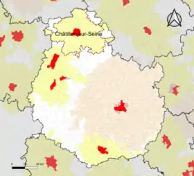 Localisation de l'aire d'attraction de Châtillon-sur-Seine dans le département de la Côte-d'Or.