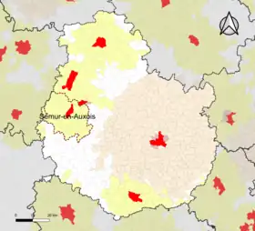 Localisation de l'aire d'attraction de Semur-en-Auxois dans le département de la Côte-d'Or.