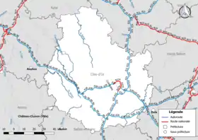 Carte du réseau routier national (autoroutes et routes nationales) dans le département de la Côte-d'Or