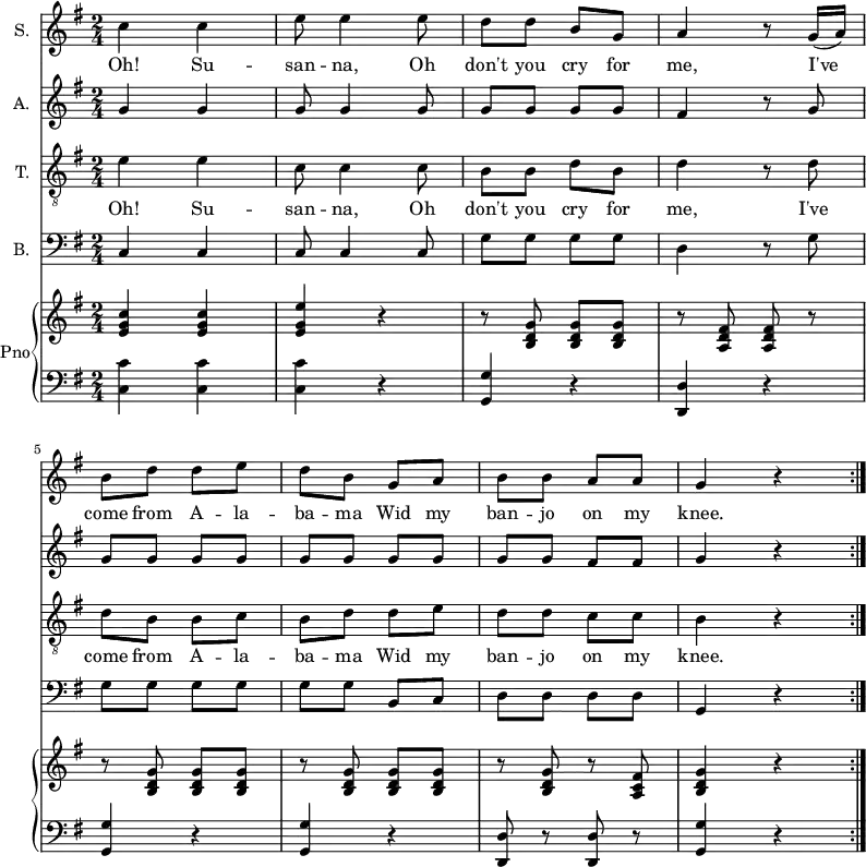 
<<
  \new Staff \with {
    instrumentName = "S."
  } {
    \relative c'' {
      \key g \major
      \numericTimeSignature
      \time 2/4
      \dynamicUp
      \repeat volta 2 {
        c4 c
        e8 e4 e8
        d d b g
        a4 r8 g16( a)
        \break
        b8 d d e
        d b g a
        b b a a g4 r
      }
  } }
  \addlyrics {
    \lyricmode {
      Oh! Su -- san -- na, Oh don't you cry for me,
      I've come from A -- la -- ba -- ma
      Wid my ban -- jo on my knee.
  } }
  \new Staff \with {
    instrumentName = "A."
  } {
    \relative c' {
      \key g \major
      \numericTimeSignature
      \time 2/4
      \dynamicUp
      \repeat volta 2 {
        g'4 g
        g8 g4 g8
        g g g g
        fis4 r8 g
        \break
        g g g g
        g g g g
        g g fis fis
        g4 r
      }
  } }
  \new Staff \with {
    instrumentName = "T."
  } {
    \clef "treble_8" \relative c' {
      \key g \major
      \numericTimeSignature
      \time 2/4
      \dynamicUp
      \repeat volta 2 {
        e4 e
        c8 c4 c8
        b b d b
        d4 r8 d
        \break
        d b b c
        b d d e
        d d c c
        b4 r
      }
  } }
  \addlyrics {
    \lyricmode {
      Oh! Su -- san -- na, Oh don't you cry for me,
      I've come from A -- la -- ba -- ma
      Wid my ban -- jo on my knee.
  } }
  \new Staff \with {
    instrumentName = "B."
  } {
    \clef bass \relative c {
      \key g \major
      \numericTimeSignature
      \time 2/4
      \dynamicUp
      \repeat volta 2 {
        c4 c
        c8 c4 c8
        g' g g g
        d4 r8 g
        \break
        g g g g
        g g b, c
        d d d d
        g,4 r
      }
  } }
  \new PianoStaff \with {
    instrumentName = "Pno"
  } <<
    \new Staff = "right" \with {
      midiInstrument = "acoustic grand"
    } \relative c'' {
      \key g \major
      \numericTimeSignature
      \time 2/4
      \repeat volta 2 {
        <e, g c>4 <e g c>
        <e g e'> r
        r8 <b d g> <b d g> <b d g>
        r <a d fis> <a d fis> r
        \break
        r8 <b d g> <b d g> <b d g>
        r <b d g> <b d g> <b d g>
        r <b d g> r <a c fis>
        <b d g>4 r
      }
    }
    \new Staff = "left" \with {
      midiInstrument = "acoustic grand"
    } {
      \clef bass \relative c' {
        \key g \major
        \numericTimeSignature
        \time 2/4
        \repeat volta 2 {
          <c, c'>4 <c c'>
          <c c'> r
          <g g'> r
          <d d'> r
          \break
          <g g'> r
          <g g'> r
          <d d'>8 r <d d'> r
          <g g'>4 r
        }
    } }
  >>
>>
