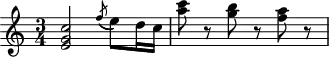 
\header {
  tagline = ##f
}
\score {
  \new Staff \with {
  }
<<
  \relative c'' {
    \key c \major
    \time 3/4
    \override TupletBracket #'bracket-visibility = ##f 
    \autoBeamOff
     %%%%%%%%%%%%%%%%%%%%%%%%%% K33f / Anh 201
     < c g e >2 \acciaccatura f8( e8)[ d16 c] < c' a >8 r8 < b g >8 r8 < a f >8 r8
  }
>>
  \layout {
    \context {
      \remove "Metronome_mark_engraver"
    }
  }
  \midi {}
}
