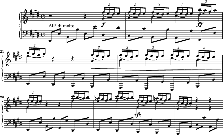 
\version "2.18.2"
\header {
  tagline = ##f
}
upper = \relative c'' {
  \clef treble 
  \key e \major
  \time 4/4
  \tempo 4 = 144 % noté 104 à la blanche mais c'est vraiment confus
  \set Score.currentBarNumber = #19
  \override TupletBracket.bracket-visibility = ##f
  %\autoBeamOff
   %%Montgeroult — Étude 109 (pdf p. 176)
   r2 r4
   << { \repeat unfold 4 { \times 2/3 { fis16_([ e dis) } e8] }  \times 2/3 { b'16_([\ff a gis) } a8] \times 2/3 { a16_([ gis fis } gis8]) } \\ { gis,4\f a b cis dis e } >>
   r4 r4
   << { \repeat unfold 4 { \times 2/3 { fis16_([ e dis) } e8] }  \times 2/3 { e16_([ dis cis) } dis8] \times 2/3 { fis16_([ e dis } e8]) } \\ { gis,4\> a b cis a gis\! } >>
   r4 r4
   << { \omit TupletNumber \times 2/3 { cis'16[ b ais } b8]  \times 2/3 { a!16[ gis fis } gis8] \times 2/3 { cis16[ b ais } b8] \times 2/3 { fis16_([\rfz e dis) } e8]  \times 2/3 { a!16_([ gis fis) } gis8] } \\ {  fis4 e fis gis, dis' } >>
   << { \omit TupletNumber \times 2/3 { dis16_([ cis b } cis8]) r4 r4 } \\ { e,4 r4 r4 } >>
}
lower = \relative c {
  \clef bass
  \key e \major
  \time 4/4
   e,8[^\markup{All° di molto} e'] b b' e,[ e'] dis, dis' cis,[ cis'] b, b' a,[ a'] fis, fis' e,[ e'] dis, dis' cis,[ cis'] b, b' a,[ a'] gis, gis' fis,[ fis'] b, b' e,[ e'] 
   b b' gis,[ gis'] dis, dis' e,[ e'] dis, dis' cis,[ cis'] b, b' a,[ a'] cis cis' a,[ a'] 
}
  \header {
    piece = ""
  }
\score {
  \new PianoStaff <<
    \new Staff = "upper" \upper
    \new Staff = "lower" \lower
  >>
  \layout {
    \context {
      \Score
      \remove "Metronome_mark_engraver"
  \override TupletBracket.bracket-visibility = ##f
    }
  }
  \midi { }
}
