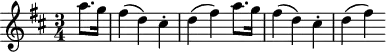 
\header {
  tagline = ##f
}
\score {
  \new Staff \with {
  }
<<
  \relative c'' {
    \key d \major
    \time 3/4
    \override TupletBracket #'bracket-visibility = ##f 
    %\autoBeamOff
     %%%%%%%%%%%%%%%%%%%%%%%%%% K94/73h
     \partial 4 a'8. g16 fis4( d) cis-. d( fis) a8. g16 fis4( d) cis-. d( fis)
  }
>>
  \layout {
    \context {
      \remove "Metronome_mark_engraver"
    }
  }
  \midi {}
}
