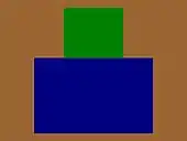 Rectangle bleu foncé surmonté d'un carré vert sur fond brun