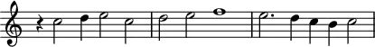 
\header {
  tagline = ##f
}
\score {
  \new Staff \with {
     \remove "Time_signature_engraver"
  }
<<
  \relative c'' {
    \key c \major
    %\clef bass
    \time 4/2
    \override TupletBracket #'bracket-visibility = ##f 
     %%% f° 105v
     r4 c2  d4 e2  c d e  f1  e2. d4 c b c2
  }
>>
  \layout {
     \context { \Score \remove "Metronome_mark_engraver" }
  }
  \midi {}
}
