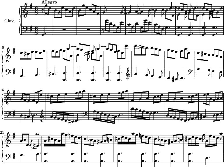 
\version "2.18.2"
\header {
  tagline = ##f
  % composer = "Domenico Scarlatti"
  % opus = "K. 305"
  % meter = "Allegro"
}
%% les petites notes
trillCisp     = { \tag #'print { cis4.\prall } \tag #'midi { d32 cis d cis~   \tempo 4. = 56 cis4   \tempo 4. = 92 } }
upper = \relative c'' {
  \clef treble 
  \key g \major
  \time 6/8
  \tempo 4. = 92
  \set Staff.midiInstrument = #"harpsichord"
  \override TupletBracket.bracket-visibility = ##f
      \partial 4.
      s8*0^\markup{Allegro}
      r8 g'8 d | b g e' c a d | b g' e c a fis | g s4 s4 g8~ |
      % ms. 4
      g4 a8~ a4 b8~ | b4 c8 << { s8 d4~ | d8 c a b d4~ d8 c a } \\ { b8 d d, | e4 fis8 g d' d, | e4 fis8 } >> b8 g d'
      % ms. 8
      d8 cis e e d fis | fis e g << { s8 a4~ a8 g e fis a4~ a8 g e } \\ { fis a a, | b4 cis8 | d a' a, } >> fis'8 d d' |
      % ms. 12
      d8 cis b b a g | g fis e fis a d, | d cis b b a g | g fis e fis d d' |
      % ms. 16
      \repeat unfold 2 { cis8 d e fis g a } | \repeat unfold 2 { fis, g a b c d } |
      % ms. 20
      d8 e g, fis g a | a b d, \acciaccatura d16 \trillCisp | a'16 cis b a a' g f8 e d | c bes a gis a b |
      % ms. 24
      cis16 e d cis a' g f8 e d | c bes a gis a b | cis16[ e d cis] g'8 a,16[ fis' e d] a'8 | 
}
lower = \relative c' {
  \clef bass
  \key g \major
  \time 6/8
  \set Staff.midiInstrument = #"harpsichord"
  \override TupletBracket.bracket-visibility = ##f
    % ************************************** \appoggiatura a16  \repeat unfold 2 {  } \times 2/3 { }   \omit TupletNumber 
      g,4. | R2.*2 | r8 g''8 d b g e' |
      % ms. 4
      c a d g, g' e | c a fis g4. | < g, g' >4. q q q |  
      % ms. 8
      a4. b | cis < d, d' >4. q q q q | \clef treble 
      % ms. 12
      a'''4 g8 | fis4 e8 | d4 cis8 d4. |   \clef bass a4 g8 fis4 e8 | d4 cis8 d4. | \clef treble 
      % ms. 16
      a''16 g fis e d cis d4. |  \clef bass  a16 g fis e d cis d4. | d'16 c b a g fis g4. | d16  c b a g fis  g8 a b |
      % ms. 20 
      cis4. d8 e fis | g4. a | \repeat unfold 9 { < a, a' >4. } |
      % ms. 26 suite…
      d4. 
}
thePianoStaff = \new PianoStaff <<
    \set PianoStaff.instrumentName = #"Clav."
    \new Staff = "upper" \upper
    \new Staff = "lower" \lower
  >>
\score {
  \keepWithTag #'print \thePianoStaff
  \layout {
      #(layout-set-staff-size 17)
    \context {
      \Score
     \override SpacingSpanner.common-shortest-duration = #(ly:make-moment 1/2)
      \remove "Metronome_mark_engraver"
    }
  }
}
\score {
  \keepWithTag #'midi \thePianoStaff
  \midi { }
}
