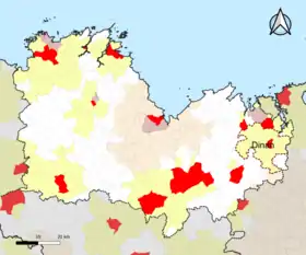 Localisation de l'aire d'attraction de Dinan dans le département des Côtes-d'Armor.