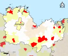 Localisation de l'aire d'attraction de Guingamp dans le département des Côtes-d'Armor.