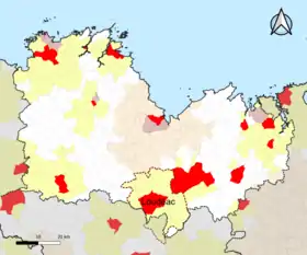 Localisation de l'aire d'attraction de Loudéac dans le département des Côtes-d'Armor.