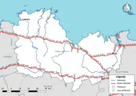 Carte du réseau routier national (autoroutes et routes nationales) dans le département des Côtes-d'Armor