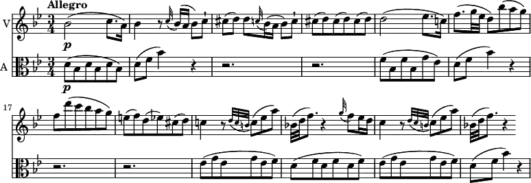 
<< \new Staff \with { instrumentName = #"V"}  
     \relative c'' {
    \version "2.18.2"
    \key bes \major 
    \tempo "Allegro"
    \time 3/4
    \tempo 4 = 120
    \set Score.currentBarNumber = #11
   bes2 \p (c8. a16)
   bes4 r8 \grace c32 ( bes16) (a bes8) c-!
   cis (d) d  \grace c!32 (bes16) (a bes8) c-!
   cis (d) cis (d) cis (d)
   d2 (ees8. c!16)
   f8. (g32 ees d8) bes'8 (a g)
   f d' (c bes a g)
   e (f) d (ees) cis (d)
   c!4 r8  \acciaccatura {d32 c b} c8 (ees a)
   bes,!32 (d f8.) r4  \grace g32 (f8) ees16 d
   c4 r8 
   \acciaccatura {d32 c b} c8 (ees a)
   bes,!32 (d f8.) r4
}
\new Staff \with { instrumentName = #"A "} \relative c' {
    \key bes \major 
    \clef "alto"
     d8 \p (bes d bes d bes)
     d (f bes4) r
     r2. r2.
     f8 (bes, f' bes, g' ees)
     d (f bes4) r  r2. r2.
     ees,8 (g ees g ees f)
     d8 ( f d f d f)
     ees (g ees g ees f)
     d (f bes4) r
}
>>
