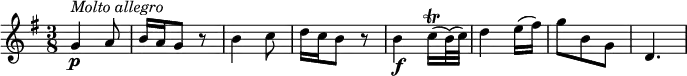 
\relative c' {
  \version "2.18.2"
  \key g \major
  \time 3/8
   g'4\p^\markup { \italic {Molto allegro}} a8
   b16 a g8 r8
   b4 c8
   d16 c b8 r8
   b4\f c16\trill (b32) (c)
   d4 e16 (fis)
   g8 b, g
   d4.
}
