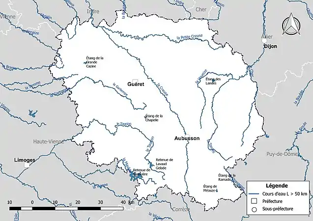 Carte des cours d'eau de longueur supérieure à 50 km de la Creuse.