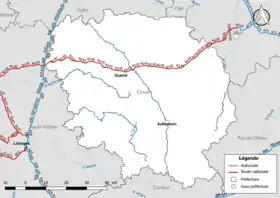 Carte du réseau routier national (autoroutes et routes nationales) dans le département de la Creuse