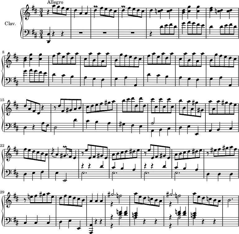 
\version "2.18.2"
\header {
  tagline = ##f
  % composer = "Domenico Scarlatti"
  % opus = "K. 512"
  % meter = "Allegro"
}
%% les petites notes
trillGisqp     = { \tag #'print { gis8.\prall } \tag #'midi { \times 2/3 { a16 gis a } gis } }
trillD         = { \tag #'print { d4\prall } \tag #'midi { \times 2/3 { e16 d e } d8 } }
upper = \relative c'' {
  \clef treble 
  \key d \major
  \time 3/4
  \tempo 4 = 172
      s8*0^\markup{Allegro}
      r4 a'8 g fis e | d4 a a | \repeat unfold 2 { \trillD fis8 e d cis }
      % ms. 5
      d4 < c d > q | < b d > < cis g' > q | < d fis > < c d > q | < b d > < cis g' > q | \repeat unfold 2 { fis8 a e a d, a' |
      % ms. 10
      cis,8 a' b, a' a, a' | b, g' fis e d cis } | 
      % ms. 15
      d8 a fis d r4 | r8 d'8 fis, gis a b | cis d e fis gis a | b cis \repeat unfold 2 { d d, } | \repeat unfold 3 { cis' cis, }
      % ms. 20
      b'8 b, a' a, gis' gis, | a' a, a' gis fis e | fis e d cis b a | \acciaccatura b8 a4 \trillGisqp fis16 e4 | \repeat unfold 2 { r8 e'8 e, fis gis e |
      % ms. 25/26…
      a8 b cis d dis e } | r8 eis fis gis a fis | r8 e! fis gis a e 
      % ms. 30
      d8 fis e d cis b | a4 a a | \repeat unfold 2 { << { gis'2. } \\ { r4 f2 } >> a8 e d c b a } | b2.
}
lower = \relative c' {
  \clef bass
  \key d \major
  \time 3/4
    % ************************************** \appoggiatura a16  \repeat unfold 2 {  } \times 2/3 { }   \omit TupletNumber 
      < d,, d' >4 r4 r4 | R2.*3
      % ms. 5
      r4  \repeat unfold 2 { d''8 e fis d | g4 a8 g fis e | d4 } cis4 b
      % ms. 10
      a4 g fis | g a a, | d' cis b | a4 g fis | g a a, |
      % ms. 15
      d4 r4 a'8 fis | d2 d'4 | cis b a | gis fis e | << { a2 } \\ { a,4 b cis } >>
      % ms. 20
      d4 e e, | a b cis | d e fis | e e,2 |
      \repeat unfold 2 { << { r4 r4 d''4 | cis b a } \\ { e2. e2. } >> }
      % ms. 28
      d4 d d | cis cis cis
      % ms. 30
      d4 e e, < a, a' > r4 r4 | \repeat unfold 2 { << { r4 < d'' f >4 q | < c e > } \\ { r4 a2 | a4 } >> r4 r4 } | s2.
}
thePianoStaff = \new PianoStaff <<
    \set PianoStaff.instrumentName = #"Clav."
    \new Staff = "upper" \upper
    \new Staff = "lower" \lower
  >>
\score {
  \keepWithTag #'print \thePianoStaff
  \layout {
      #(layout-set-staff-size 17)
    \context {
      \Score
     \override TupletBracket.bracket-visibility = ##f
     \override SpacingSpanner.common-shortest-duration = #(ly:make-moment 1/2)
      \remove "Metronome_mark_engraver"
    }
  }
}
\score {
  \keepWithTag #'midi \thePianoStaff
  \midi { \set Staff.midiInstrument = #"harpsichord" }
}
