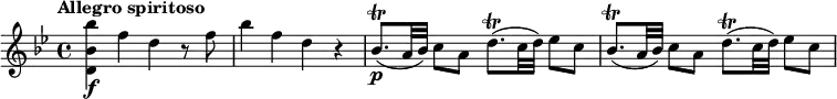 
\relative c''' {
  \override Score.NonMusicalPaperColumn #'line-break-permission = ##f
  \version "2.18.2"
  \tempo "Allegro spiritoso"
  \key bes \major
  \tempo 4 = 120
  <bes bes, d,>4\f f d r8 f |
  bes4 f d r |
  bes8.\trill\p( a32 bes) c8 a d8.\trill( c32 d) es8 c |
  bes8.\trill( a32 bes) c8 a d8.\trill( c32 d) es8 c |
}
