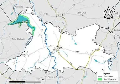 Carte de la ZNIEFF de type 1 (en vert) dans le nord-ouest de la commune.