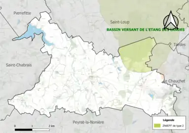 Carte de la ZNIEFF de type 2 (en vert pâle) dans le nord-est de la commune.