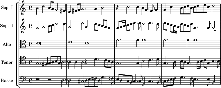 
\version "2.18.2"
\header { 
  tagline = ##f
}
global= {
  \time 4/2
  \set Staff.timeSignatureFraction = 4/4
  \key c \major
  \tempo 2 = 60
}
Soprano = \new Voice \relative c'' {
  \set Staff.instrumentName = #"Sop. I"
  \set Staff.midiInstrument = #"orchestral harp"
    b2 d b8 a g2 fis4 | e fis8 g a2. a4 b2 | r4 c2 c4 b g4. f8 g4 | g c b8 c d b c d e c d2
    %\addlyrics {    } % impossible de mettre le texte pour l'instant...
}
SopranoB = \new Voice \relative c'' {
  \set Staff.instrumentName = #"Sop. II"
  \set Staff.midiInstrument = #"orchestral harp"
  \tempo 2 = 120
    g2 a b8 c d2 d4 | a2 e' a,4 d8 c b a g4 | g8 a16 b c8 d e4. e8 d2 e4. d8 e d c b16 a d8 c b d g,4. g8 g2*1/2~ \hideNotes g4
   % \addlyrics { Di- xit Do---- mi- nus, Do- mi- nus Do--- } % impossible de mettre le texte pour l'instant...
}
Alto = \new Voice \relative c' {
  \set Staff.instrumentName = #"Alto"
  \clef alto
  \set Staff.midiInstrument = #"orchestral harp" %recorder"
  d\breve | e1 d | \repeat unfold 2 { g2. g4 g1 }
}
Tenor = \new Voice \relative c' {
  \set Staff.instrumentName = #"Ténor"
  \clef tenor
  \set Staff.midiInstrument = #"orchestral harp"
  g2. fis4 g8 a b g a2~ a4 a a2 r4 d4. c8 b a | g2. g4 b2 c4. d8 | g,4. a8 b8 a g4. a16 b c8 g b4. b8
}
Basse = \new Voice \relative c {
  \set Staff.instrumentName = #"Basse"
  \clef bass
  \set Staff.midiInstrument = #"orchestral harp"
  r1 r2 d2~ d cis d8 e fis d g4. f8  | e d c b c4. c8 g2 c4. b8  | c8 d e f g4. f8 e4. e8 b2
}
\score {
  \new StaffGroup <<
    \new Staff << \global \Soprano >>
    \new Staff << \global \SopranoB >>
    \new Staff << \global \Alto >>
    \new Staff << \global \Tenor >>
    \new Staff << \global \Basse >>
  >>
  \layout {
    #(layout-set-staff-size 17)
    \context {
      \Score
      \remove "Metronome_mark_engraver"
      \override SpacingSpanner.common-shortest-duration = #(ly:make-moment 1/2)
    }
  }
  \midi { }
}
