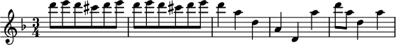 
\header {
  tagline = ##f
}
\score {
  \new Staff \with {
  }
<<
  \relative c'' {
    \key f \major
    \time 3/4
    \tempo 4 = 140
    \override TupletBracket #'bracket-visibility = ##f 
    %\autoBeamOff
    \set Staff.midiInstrument = #"string ensemble 1"
     %% AB 3-3 th1
     d'8e d cis d e d e d cis d e d4 a d, a d, a'' d8 a d,4 a'
  }
>>
  \layout {
    \context { \Score \remove "Metronome_mark_engraver"
    }
  }
  \midi {}
}
