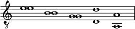 \new Staff \with {\remove "Time_signature_engraver"}{\time 5/1\clef "G_8" { << {e'1 b g d' a} \\ {e' b g d a,} >>}}